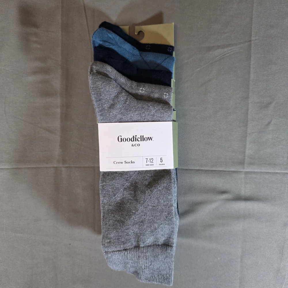 Goodfellow & Co Mens Crew Socks 5 Pair Pack Blue Grey Patterned Size 7-12 NEW